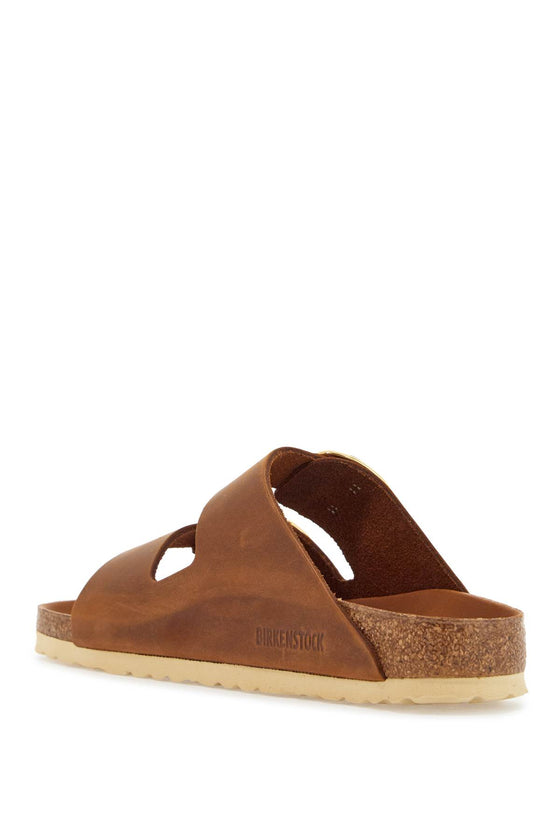 Birkenstock oiled leather cognac slippers with large golden buckles