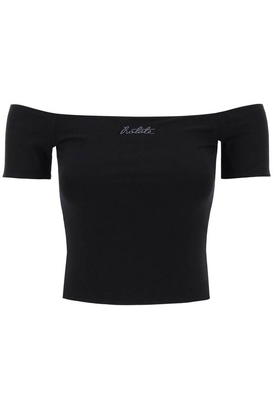 Rotate off-shoulder t-shirt with embroidered lure