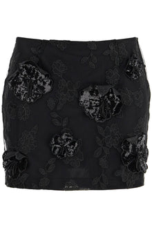  Rotate mini skirt in recycled black polyester mesh with floral pattern