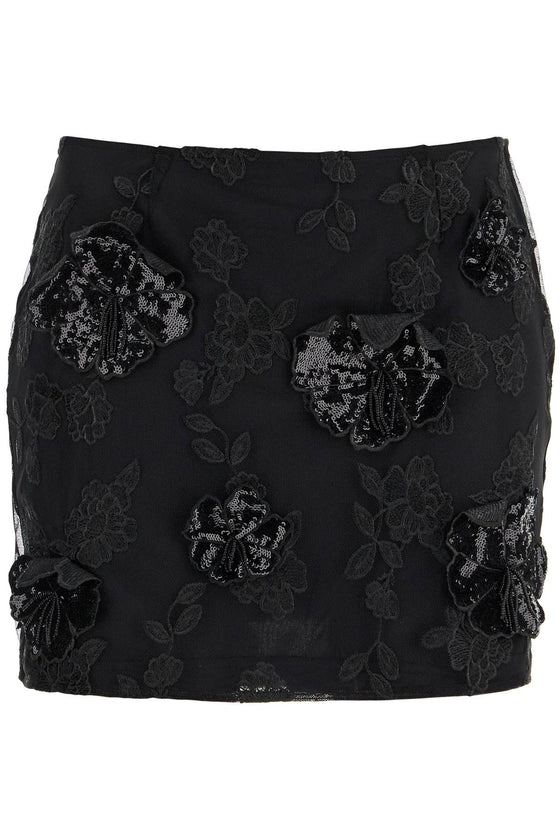 Rotate mini skirt in recycled black polyester mesh with floral pattern