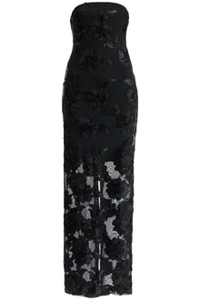  Rotate long mesh dress with embroidered flowers.