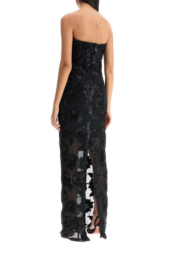 Rotate long mesh dress with embroidered flowers.