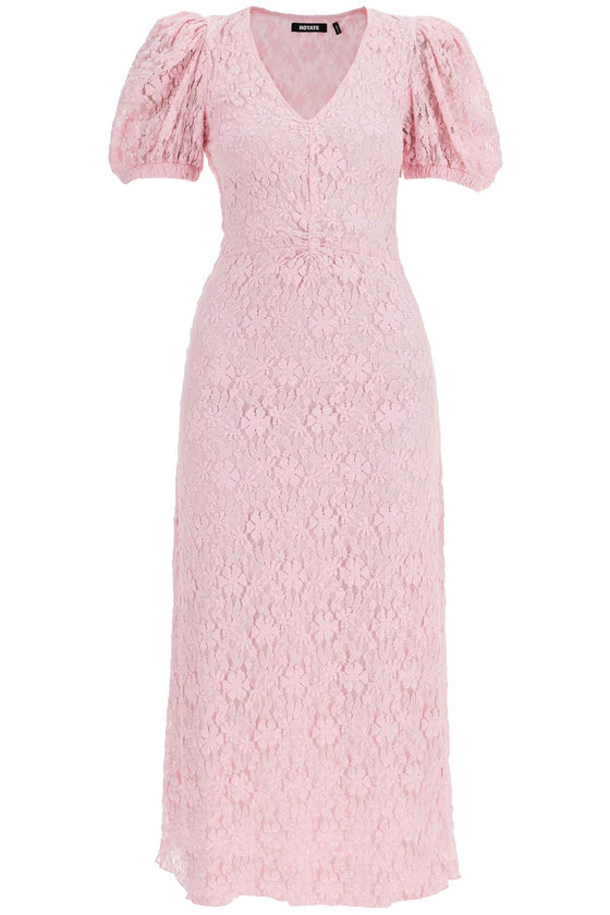 Rotate pink lace midi dress with puff sleeves