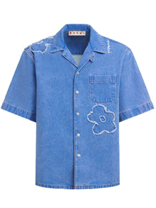  Marni Embroidered frayed denim short sleeve shirt