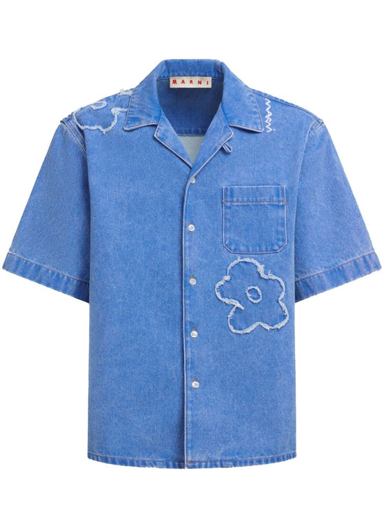 Marni Embroidered frayed denim short sleeve shirt