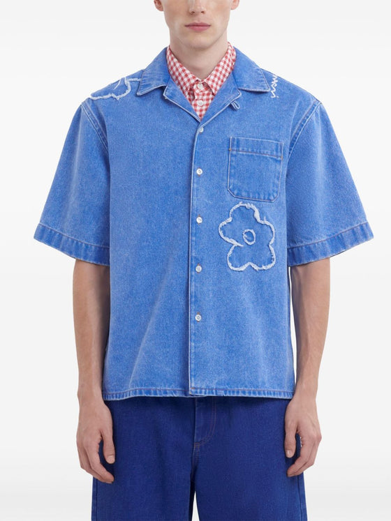 Marni Embroidered frayed denim short sleeve shirt