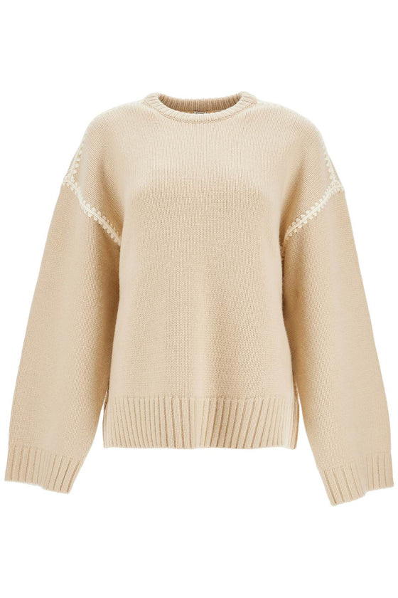 Toteme light beige wool and cashmere sweater with embroidery