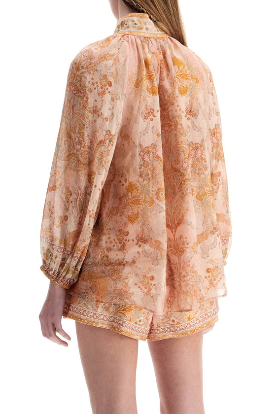 Zimmermann cream and pink high neck paisley blouse in rayon with long sleeves