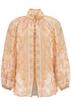 Zimmermann cream and pink high neck paisley blouse in rayon with long sleeves