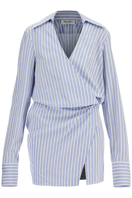 The Attico mini striped dress with v-neck*** long sleeves*** white and navy blue cotton*** tied waist