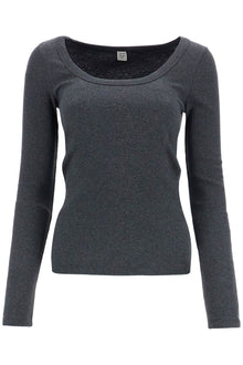  Toteme organic cotton charcoal melange ribbed top with wide neck