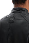 Boss black leather jacket with high collar and quilted details