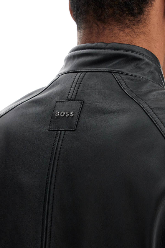 Boss black leather jacket with high collar and quilted details