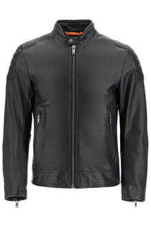  Boss black leather jacket with high collar and quilted details