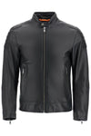 Boss black leather jacket with high collar and quilted details