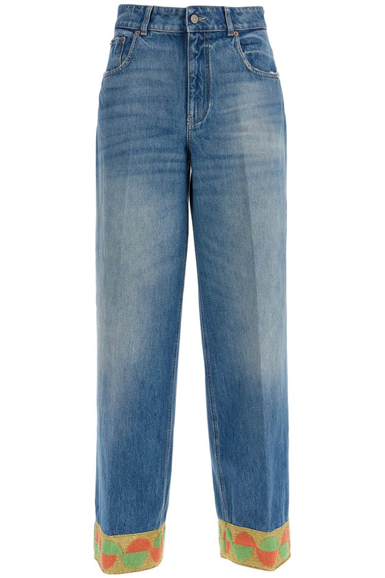 Valentino Garavani wide leg high waist jeans with colorful trim in medium blue