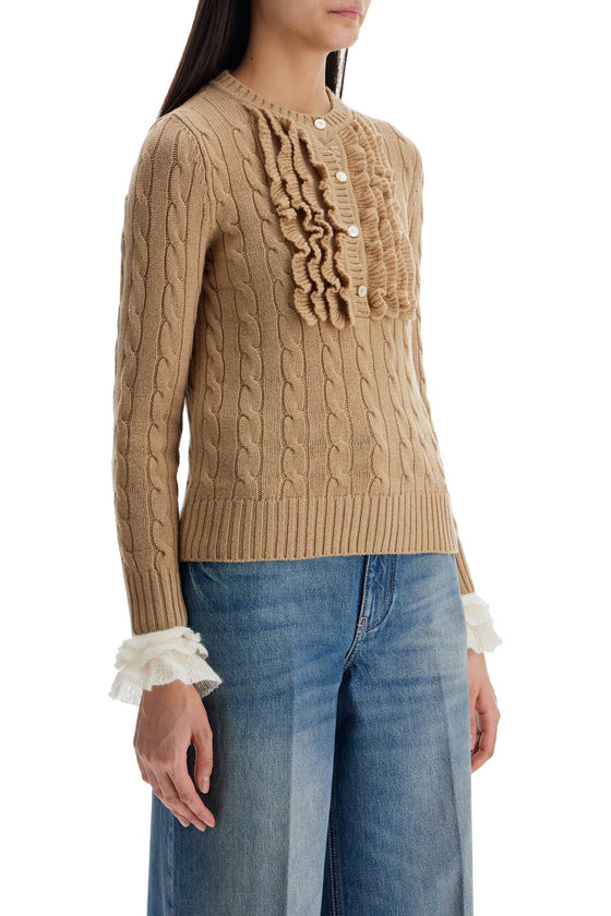 Valentino Garavani beige and ivory cable knit crew neck sweater