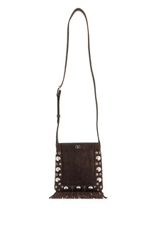  Valentino Garavani small suede crossbody bag in dark brown with studs and fringe