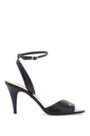 Valentino Garavani black goat leather sandals with gold buckle and stiletto heel