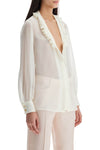 Tom Ford cream silk shirt with ruffled collar and mother-of-pearl buttons