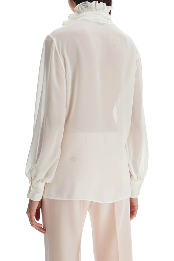 Tom Ford cream silk shirt with ruffled collar and mother-of-pearl buttons