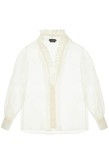  Tom Ford cream silk shirt with ruffled collar and mother-of-pearl buttons