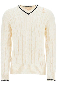  Marni white cotton sweater with cable knit v-neck