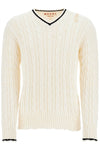 Marni white cotton sweater with cable knit v-neck