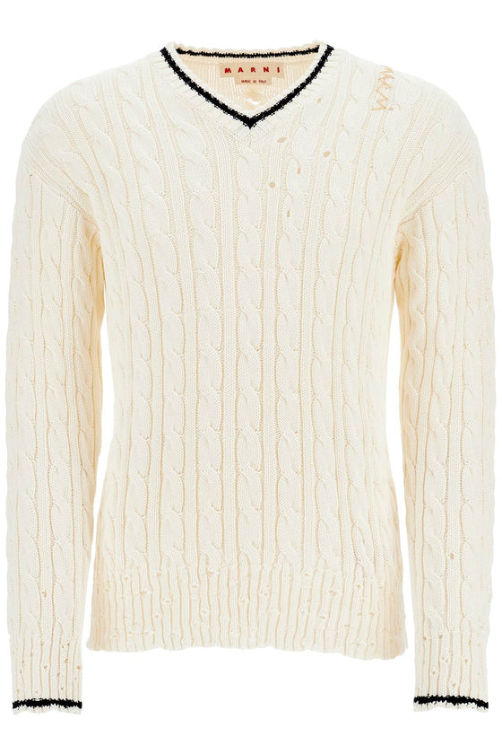 Marni white cotton sweater with cable knit v-neck