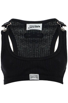  JEAN PAUL GAULTIER black cotton crop tank top with clip for overalls