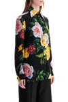 Dolce & Gabbana black silk shirt with multicolored roses and yellow buttons