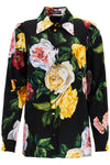 Dolce & Gabbana black silk shirt with multicolored roses and yellow buttons