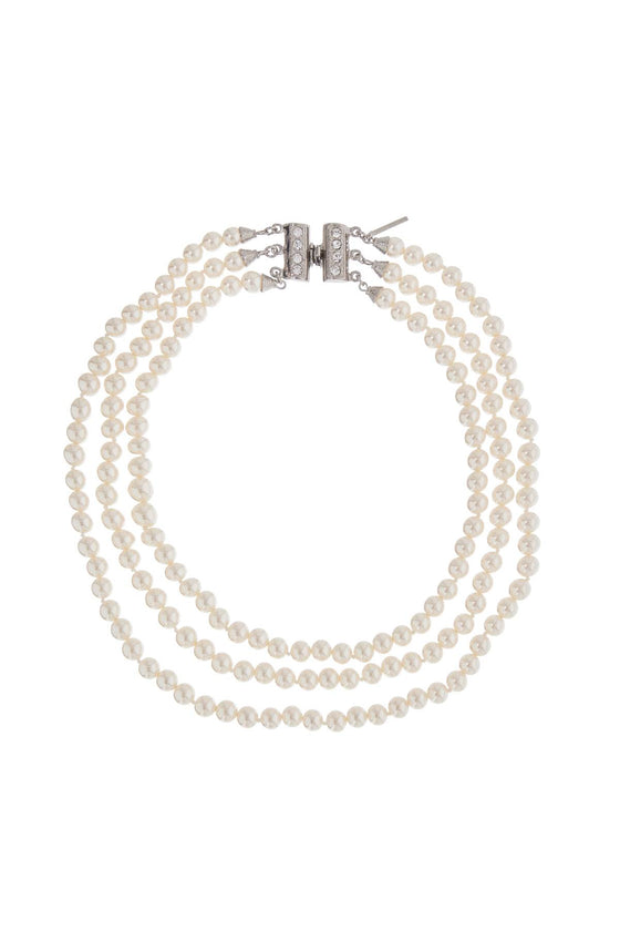 Alessandra Rich three strand white pearl and rhinestone necklace