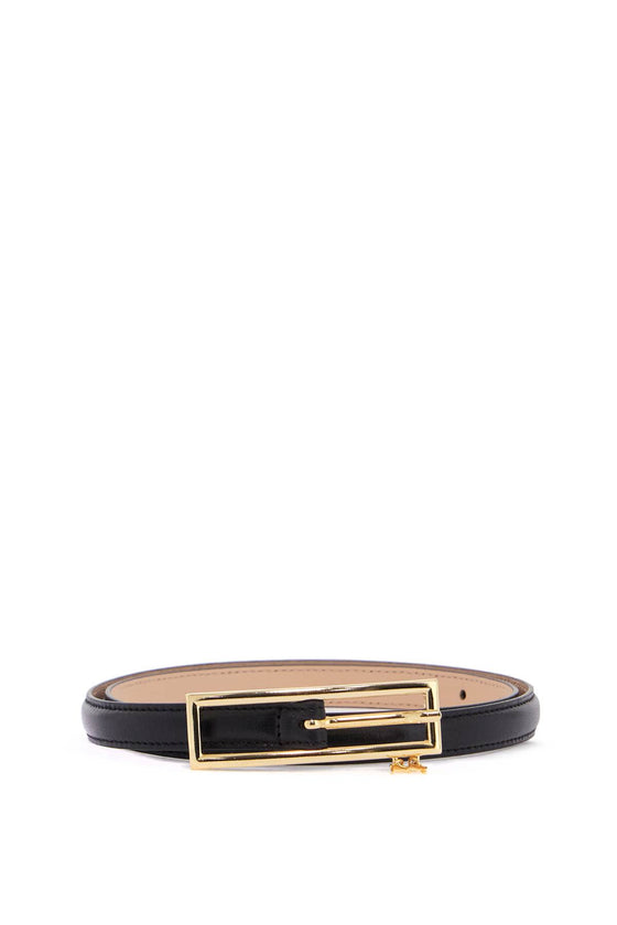 Alessandra Rich slim black leather belt with logo charm and brass buckle 1.5 cm