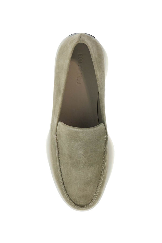 Fear Of God minimalist suede loafer in sage green with rubber sole