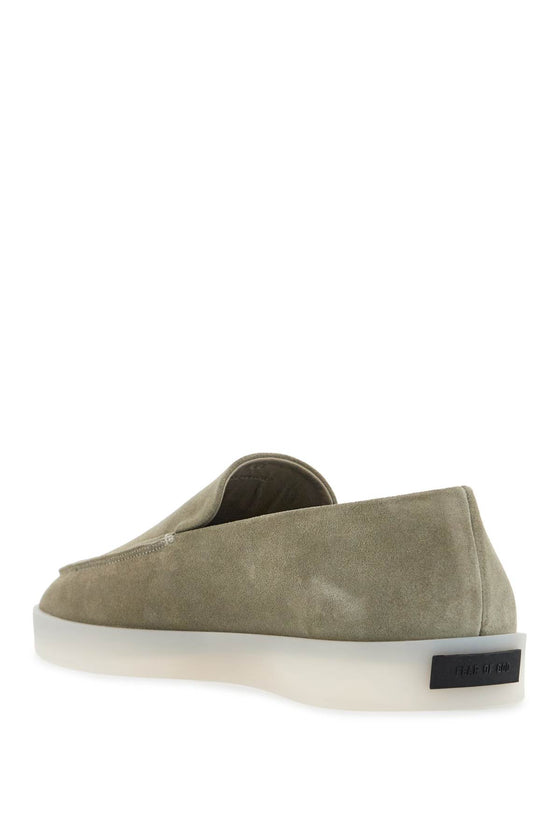 Fear Of God minimalist suede loafer in sage green with rubber sole