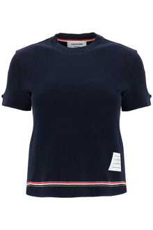  Thom Browne navy blue piqué cotton t-shirt with tricolor stripe