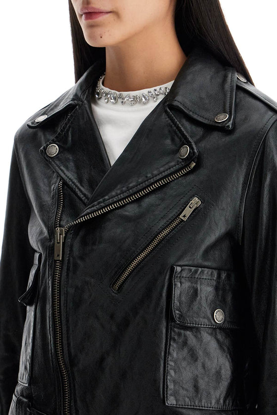 Golden Goose shiny black sheepskin biker jacket with sturdy zip