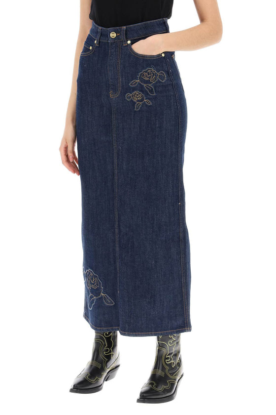 Ganni maxi denim skirt with pink embroidery