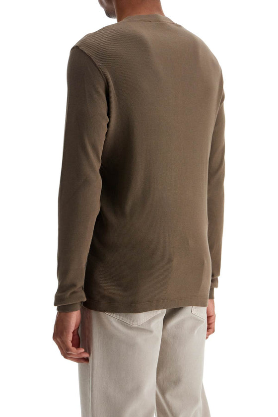 Tom Ford henley t-shirt in moss green modal cotton with mother-of-pearl buttons