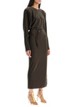 Norma Kamali brown midi slim long dress with v-neck and side slit