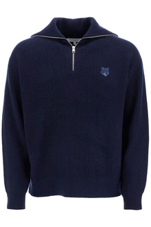  Maison Kitsune ink blue wool sweater with fox head patch and half zip