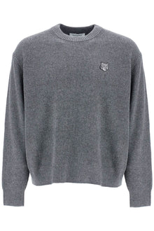  Maison Kitsune gray mélange wool sweater with embroidered fox logo