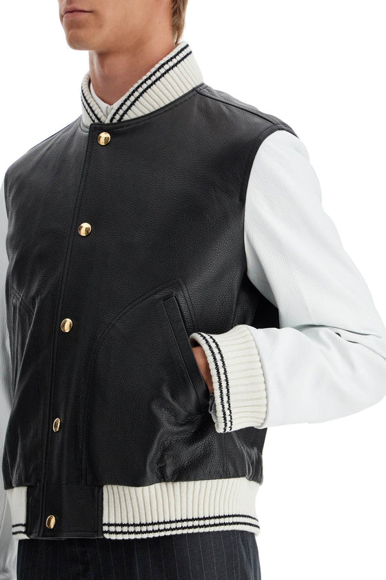 Thom Browne leather varsity bomber jacket