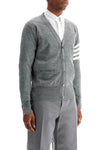 Thom Browne men's cardigan in pale grey merino wool with 4 white stripes