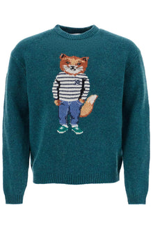  Maison Kitsune green wool sweater with fox intarsia