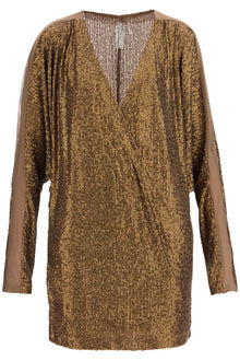  Norma Kamali mini wrap dress with v-neck long sleeves shimmering bronze cocktail