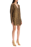 Norma Kamali mini wrap dress with v-neck long sleeves shimmering bronze cocktail