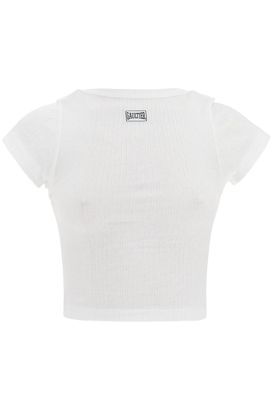 JEAN PAUL GAULTIER white cotton crop t-shirt with gaultier logo