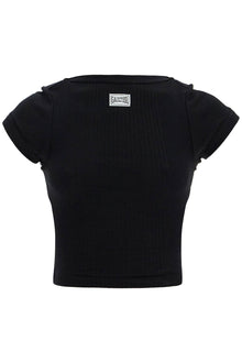  JEAN PAUL GAULTIER black cropped cotton ribbed t-shirt with logo